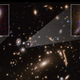 Hubble image showing galaxy cluster MACSJ 1206, with individual galaxies shown inset, and warped by an astronomical effect known as gravitational lensing.